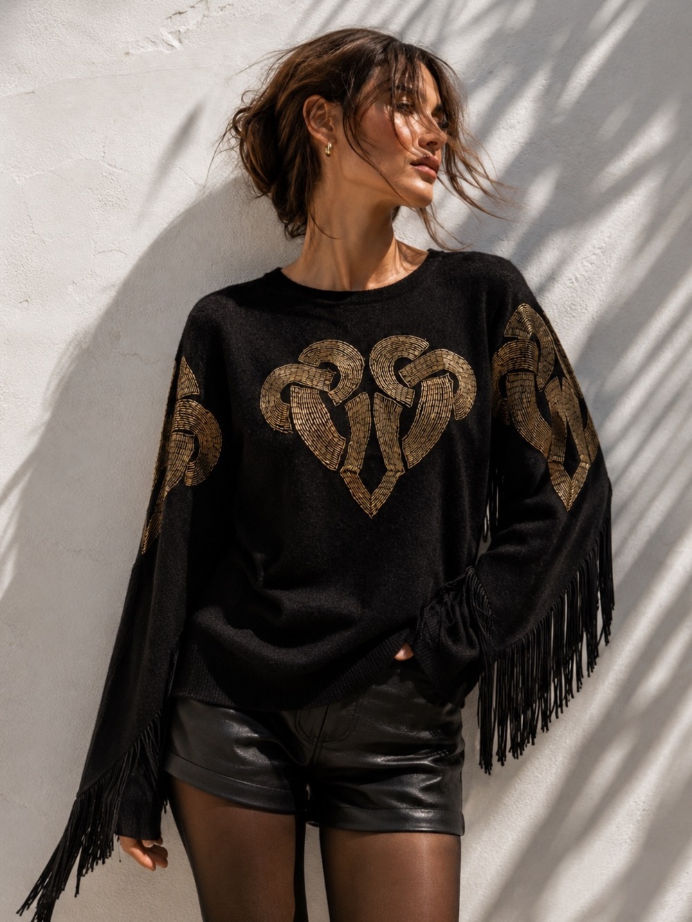 Vintage Angora Wool Fringe Sweater Metallic Beaded Heart Neil Martin L